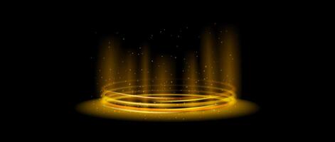 Gold glowing portal concept. Yellow neon hologram teleport on black background. Circle digital gate with aura and beams. Round flare podium template for game, ui, interface. Halo illustration vector