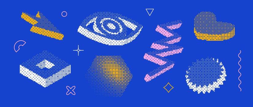 Bitmap pixelated shape set. Dither halftone geometric object collection. White eye, arrow, zigzag, heart, hexagon, star elements for banner, poster, leaflet. Pixel 3d raster effect bundle. vector