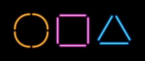 Neon tube geometric shapes set. Glowing circle, square and rectangle frame collection. Luminous orange, pink, blue light lamp border bundle. Colorful led fluorescent segments pack. vector