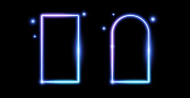 Glow neon rectangle and arch frames. Blue light shining borders. Neon portal doors concept. Rectangular and curved arc border with flares and sparkles. Design element for poster, banner, game. vector