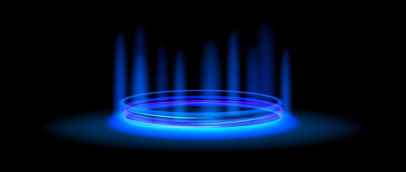 Blue glowing portal concept. Neon hologram teleport on black background. Circle digital gate with aura and beams. Round flare podium template for game, ui, interface. vector