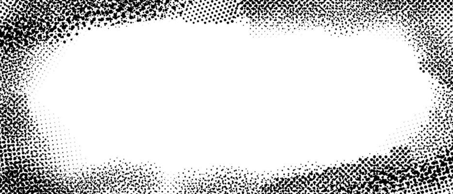Splayed grunge frame. Halftone dotted edge border for poster, cover, banner, booklet, brochure, magazine, leaflet. Vintage grain scratched background. Textured pop art comic cartoon wallpaper