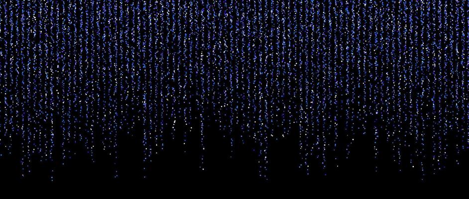 Blue confetti garland on dark background. Falling gold glitter and sparkle wallpaper. Blue and purple shining dots repeating pattern. Magic dust sparkling decoration for Christmas.