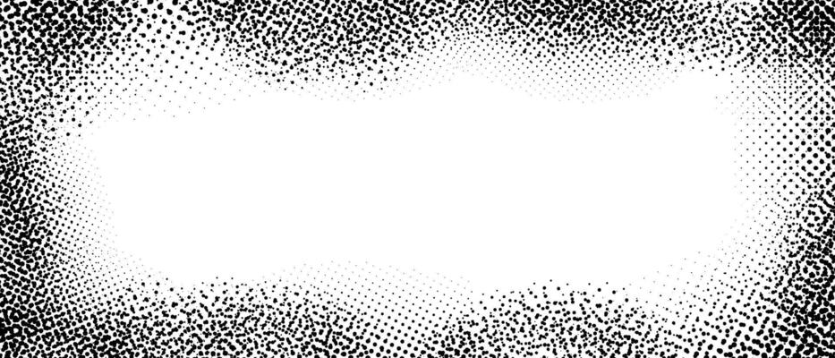 Splayed grunge texture frame. Halftone dotted edge border for poster, cover, banner, booklet, magazine, leaflet. Vintage grain scratched background. Textured pop art comic cartoon wallpaper.