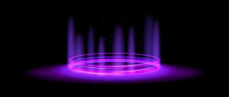 Purple glowing portal concept. Neon hologram teleport on black background. Circle digital gate with aura and beams. Round flare podium template for game, ui, interface. Halo illustration vector