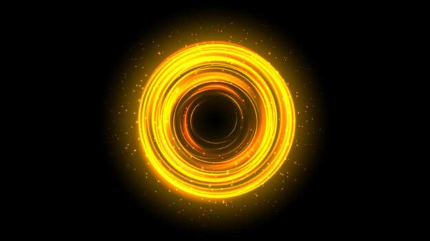 Yellow glowing portal concept. Neon hologram teleport gate on black background. Gold circle swirl aura with beams and sparks. Round hot flare template for game, ui, interface. vector