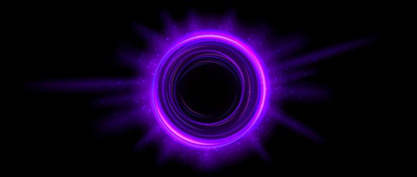 Purple glowing portal concept. Neon hologram teleport gate on black background. Violet circle digital aura with beams and sparks. Round hot flare template for game, ui, interface. vector