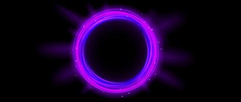 Purple glowing portal concept. Violet neon holographic teleport gate on black background. Circle digital aura with beams and sparks. Round flare template for game, ui, interface. vector