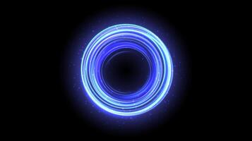 Blue glowing portal concept. Neon hologram teleport gate on black background. Circle swirl cold aura with beams and sparks. Round hot flare template for game, ui, interface. vector