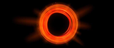 Red orange glowing portal concept. Neon hologram teleport gate on black background. Fiery circle swirl aura with beams and sparks. Round hot flare template for game, ui, interface. vector