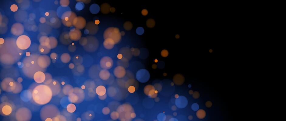 Blurred gold bokeh on navy background. Golden blur light effect wallpaper. Abstract shiny glitter, sparks, dust, sparkles. Glowing blue backdrop for Christmas, New Year, birthday card, banner