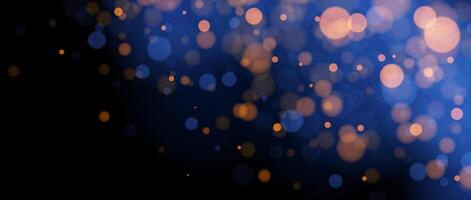 Blurred gold bokeh on blue background. Golden blur light effect wallpaper. Abstract shiny glitter, sparks, dust, sparkles. Glowing navy backdrop for Christmas, New Year, birthday card, banner vector