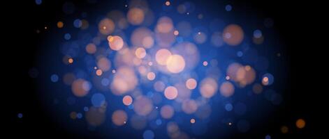 Blur gold bokeh on blue background. Golden blurred effect wallpaper. Abstract shiny glitter, sparks and sparkles. Glowing navy backdrop for Christmas, New Year or birthday card, poster, banner. vector