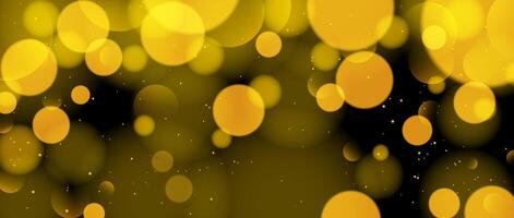 Abstract circle bokeh wallpaper. Gold yellow blur effect on black background. Shiny golden light sparkle texture. Blurry backdrop for decoration, card, poster, banner, flyer. vector