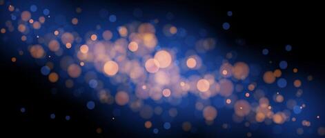 Blurred gold bokeh on blue background. Golden blur effect wallpaper. Abstract shiny glitter, sparks, dust, sparkles. Glowing navy backdrop for Christmas, New Year, birthday card, banner, flyer. vector