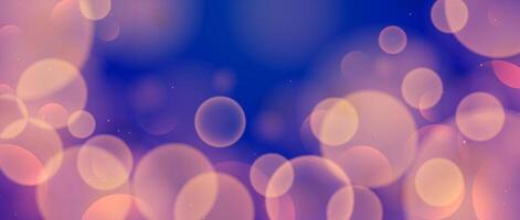 Blur warm bokeh on blue background. Pink yellow blurred effect wallpaper. Abstract shiny glitter, sparks and sparkles. Glowing backdrop for Christmas, New Year or birthday card, poster, banner. vector