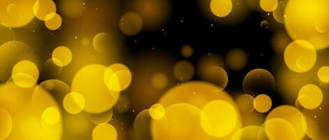 Abstract circle bokeh wallpaper. Gold yellow color blur effect on black background. Shiny golden light sparkle texture. Blurry backdrop for decoration, card, poster, banner, flyer. vector