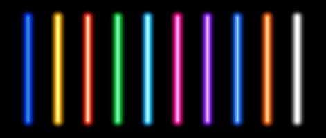 Glowing neon tube lamp set. Led light line beam collection. Bright luminous fluorescent bar stick lines. Shining colorful strip element pack to divide, separate, decorate. Illustration bundle vector