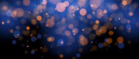 Blurred gold bokeh on blue background. Golden blur effect wallpaper. Abstract shiny glitter, sparks and sparkles. Glowing backdrop for Christmas, New Year or birthday card, poster, banner. vector