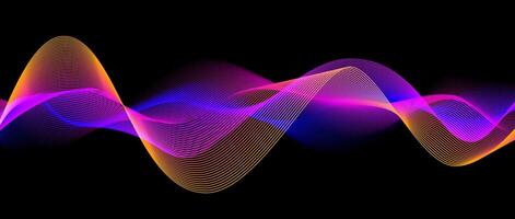 Neon flowing wavy lines on black background. Abstract sound wave design for ai concept, equalizer, audio record, voice assistant. Blue, pink orange gradient curve stripes. vector