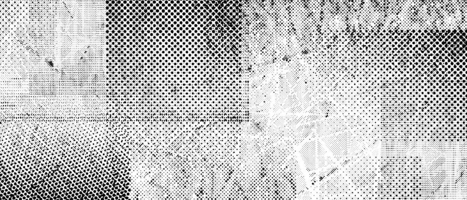 Halftone grunge punk texture. Abstract dotted glitch background. Distorted scratches, splashes and dots wallpaper for brochure, banner, poster, flyer, print, overlay. Distress backdrop