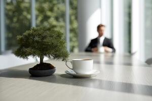 Relaxing moment with tea in Modern Office in Daytime photo