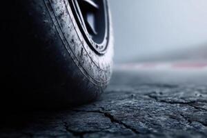 Close-up on worn Race Car Tire on Cracked Asphalt during an Afternoon at the Racetrack photo