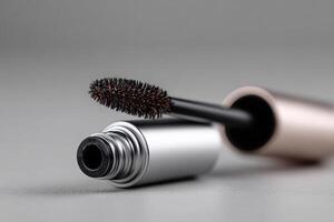 Mascara brush laying on open silver tube photo