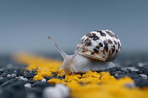 Snail crosses the finish line on gravel road photo