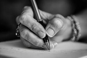 Hand writing on paper with pen in monochrome style photo
