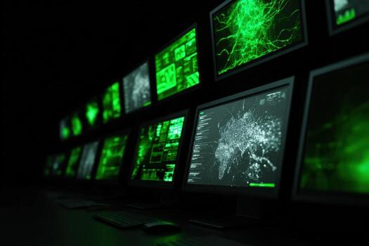 Computers display green data in a dark room photo