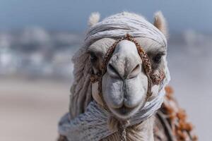 Camel portrait with headdress in the desert photo