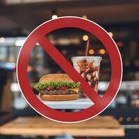A red prohibition sign over burger and milkshake representing unhealthy food and diet restrictions with blurred cafe in background photo