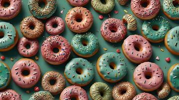 Delicious donut assortment with colorful icing and sprinkles in an eye-catching presentation photo