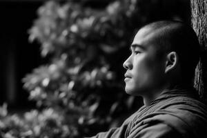Young monk contemplating beside tree in peaceful environment photo