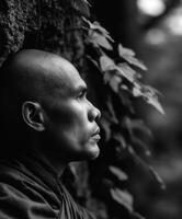 Portrait of a monk leaning against a tree in the forest photo