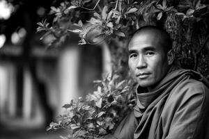 Portrait of thoughtful buddhist monk near temple grounds photo
