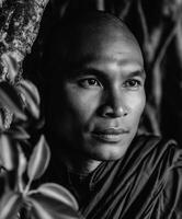 Portrait of a serene Buddhist Monk near Foliage in Myanmar photo