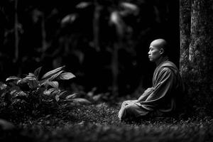 Monk meditates under a tree in a peaceful forest setting photo