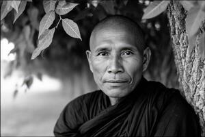Portrait of a buddhist monk near tree in south east asia photo