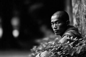 Young buddhist monk stares in Luang Prabang, Laos, at dusk photo