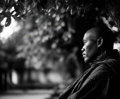 Young buddhist monk rests under a tree in Southeast Asia photo
