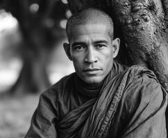 Portrait of contemplative Monk leaning against old tree in daytime photo