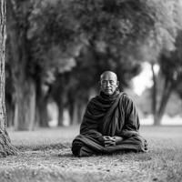 Buddhist monk in meditation sits on grass in park in grayscale photo
