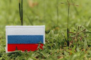 Eco friendly Russian flag, crafted from thread and cloth, lying on fresh grass with wildflowers. Green concept for earth day, global warming and climate change. photo