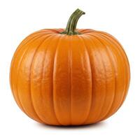 A single ripe orange pumpkin with a green stem against a clean white background photo