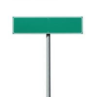 Blank green road sign mounted on a metal pole against a white background photo