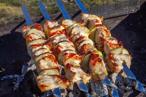 Fish skewers with onions, cooked on charcoal. photo