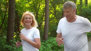 In a lush green park, an elderly couple jogs side by side, sharing smiles and laughter. Their joyful activity highlights a vibrant and active lifestyle in their 60s. video