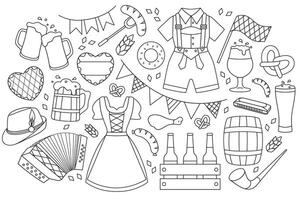 Oktoberfest, large set, beer mugs, snacks, Bavarian flag, wooden barrel, musical instruments, national clothes, simple white black icons vector